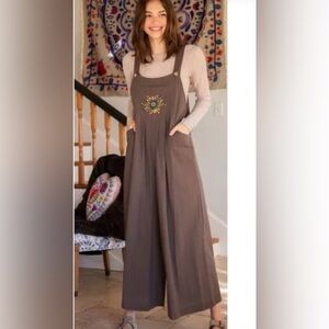 NATURAL LIFE taupe overalls with colorful floral embroidery NWOT